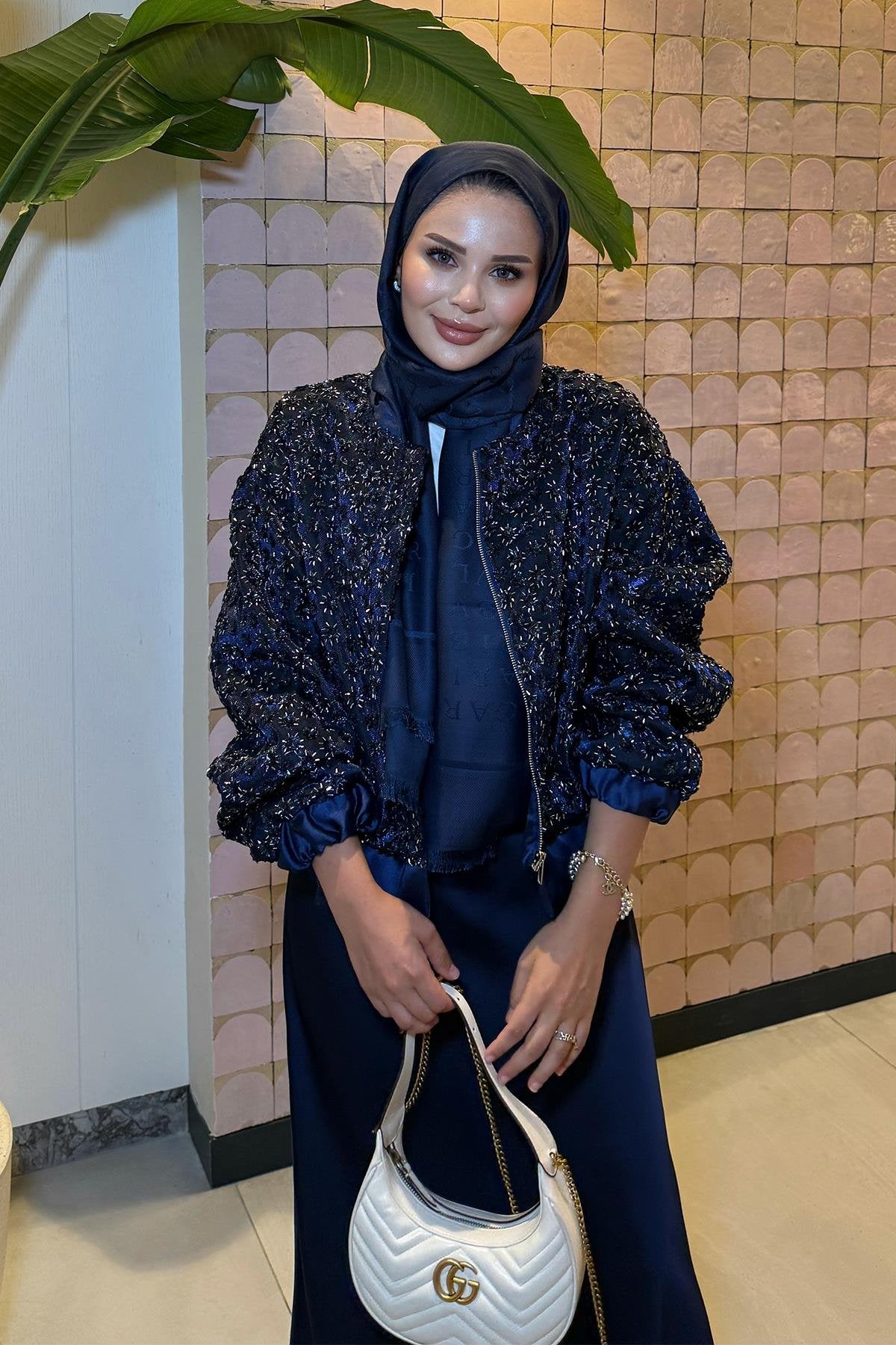Navy Blue Satin Jacket with Sequins