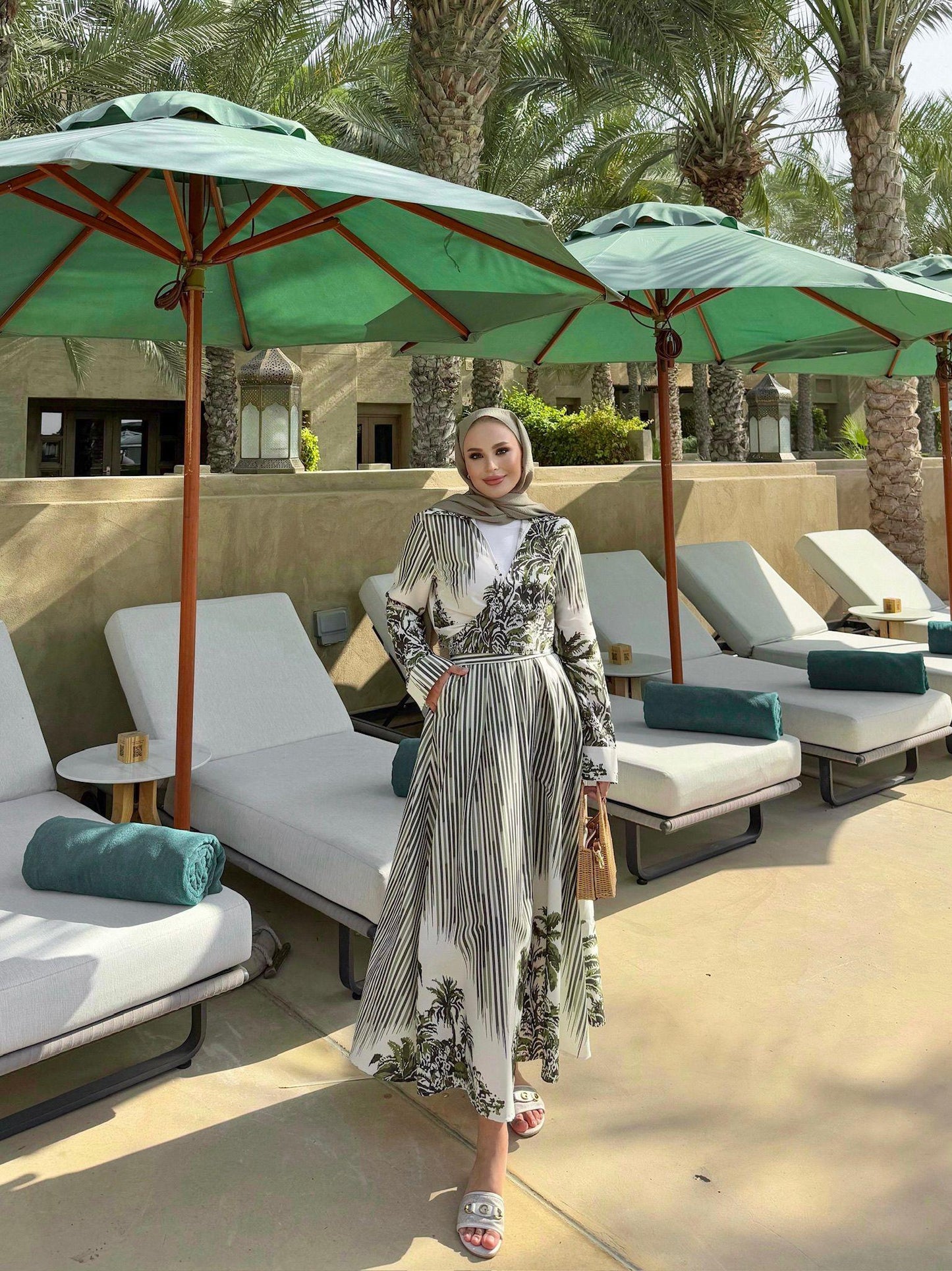Green Tropical Print Poplin Kimono & Elastic Waist Skirt Set