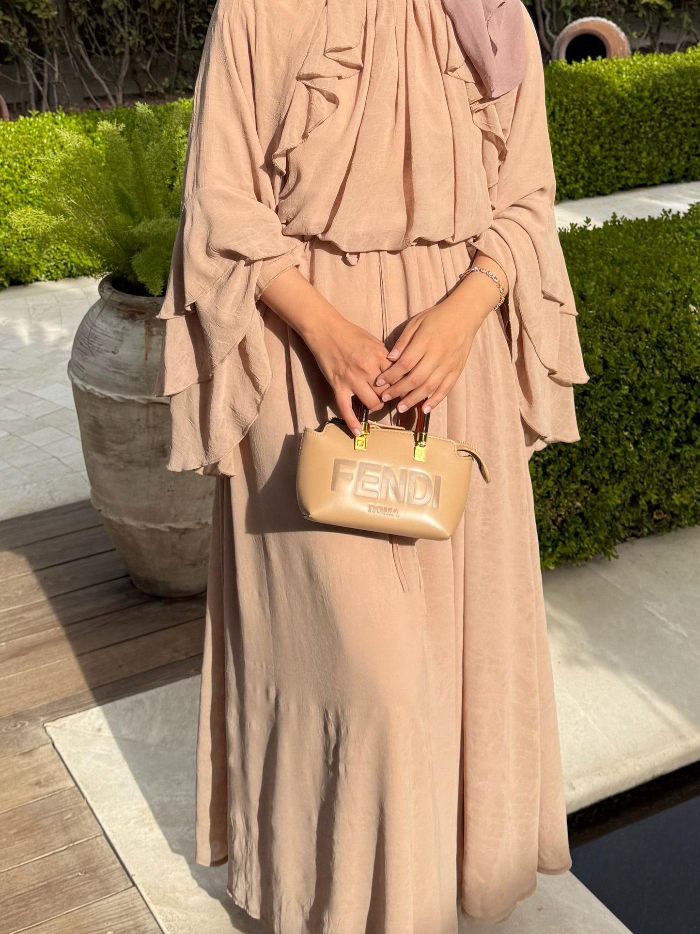 Farah Beige Chiffon Dress with Ruffle Details
