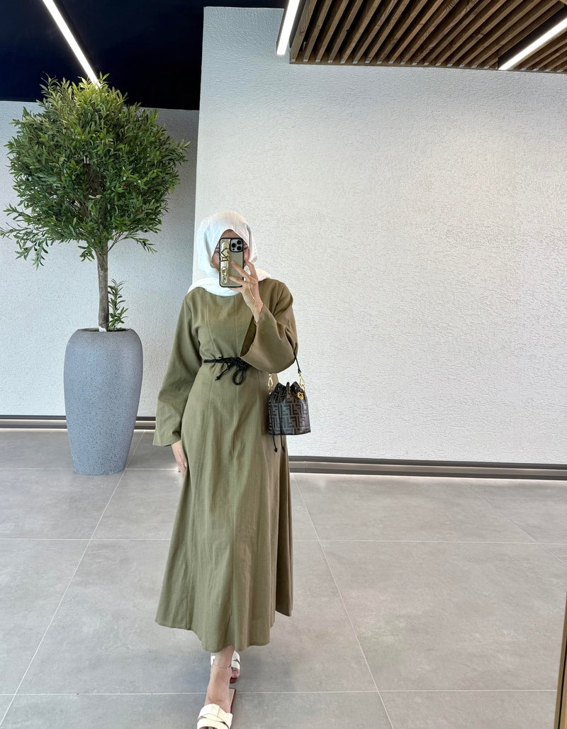 Woven Belt Linen Dress - Khaki Size 36