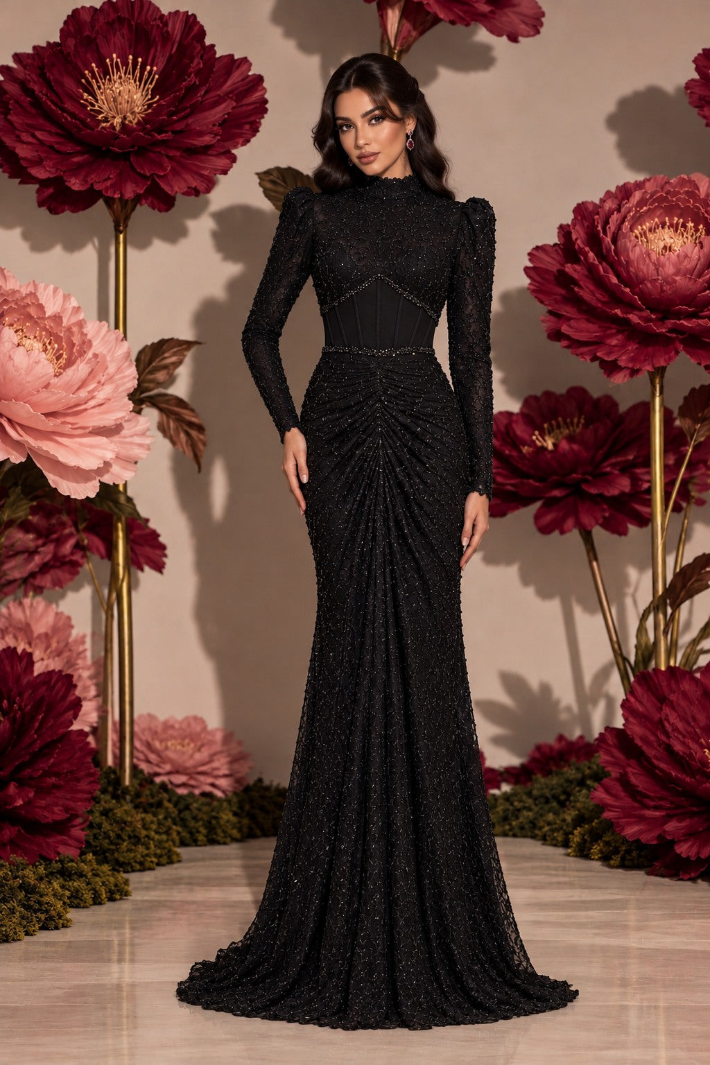 Black Dahlia on model in floral editorial with opaque lining