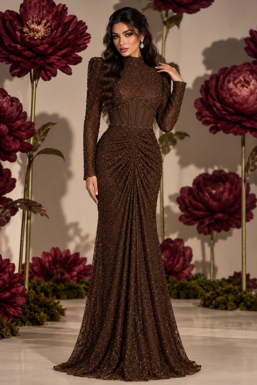 Chocolate Brown Dahlia on model in floral editorial