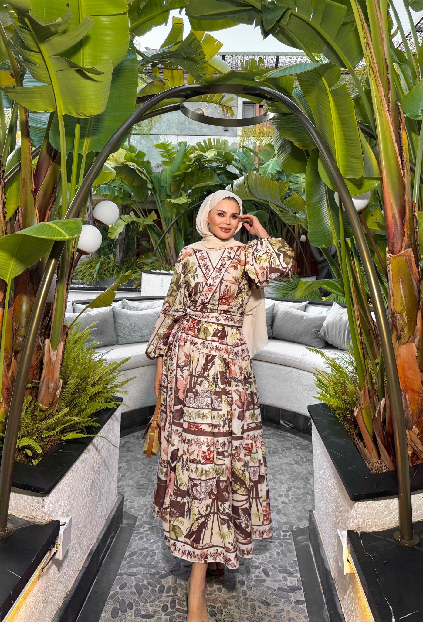 Brown Tropical Print Kimono & Skirt Set