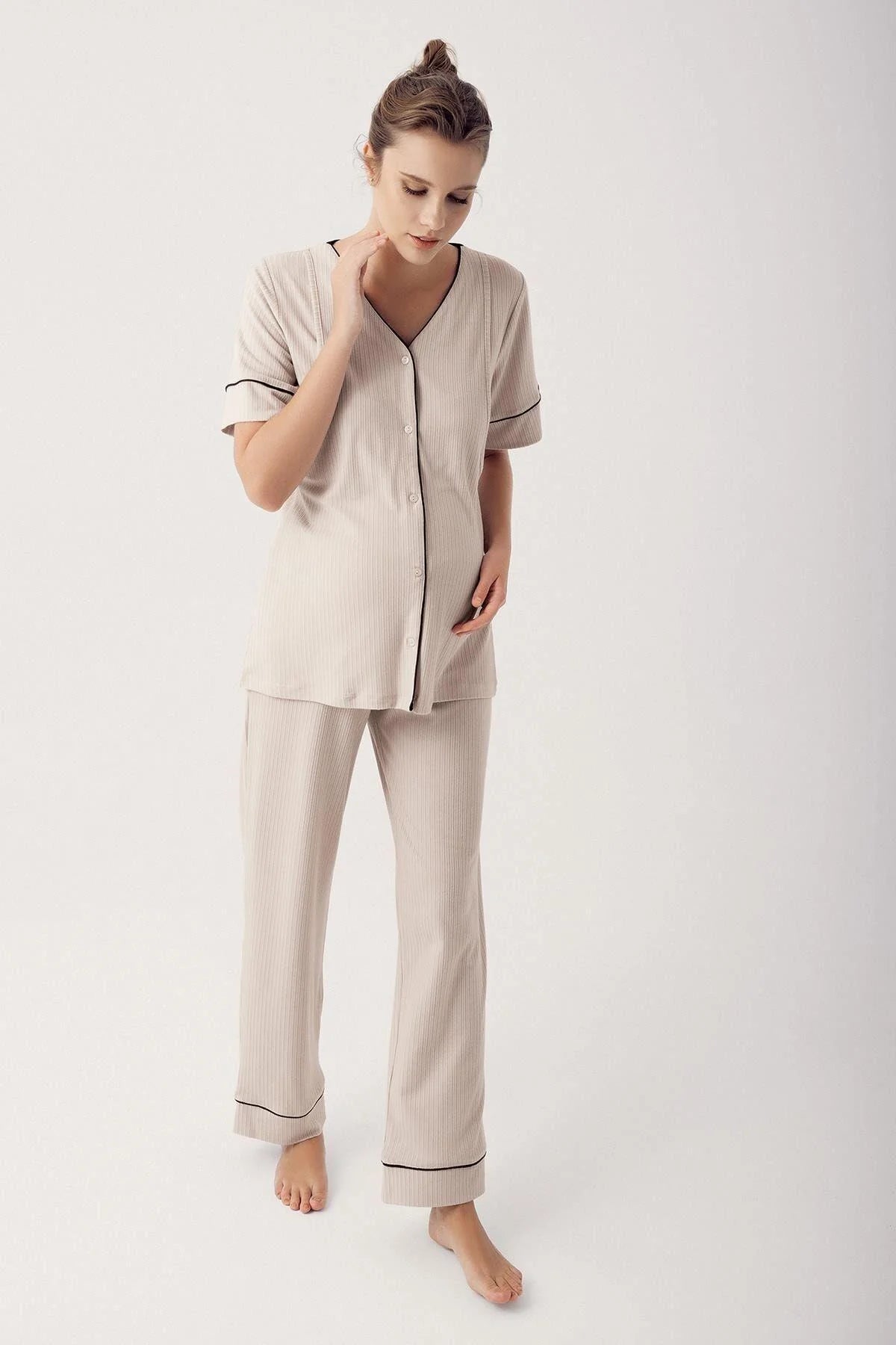 Button-Down Short Sleeve Stretch Viscose Maternity Robe & Pajama Set