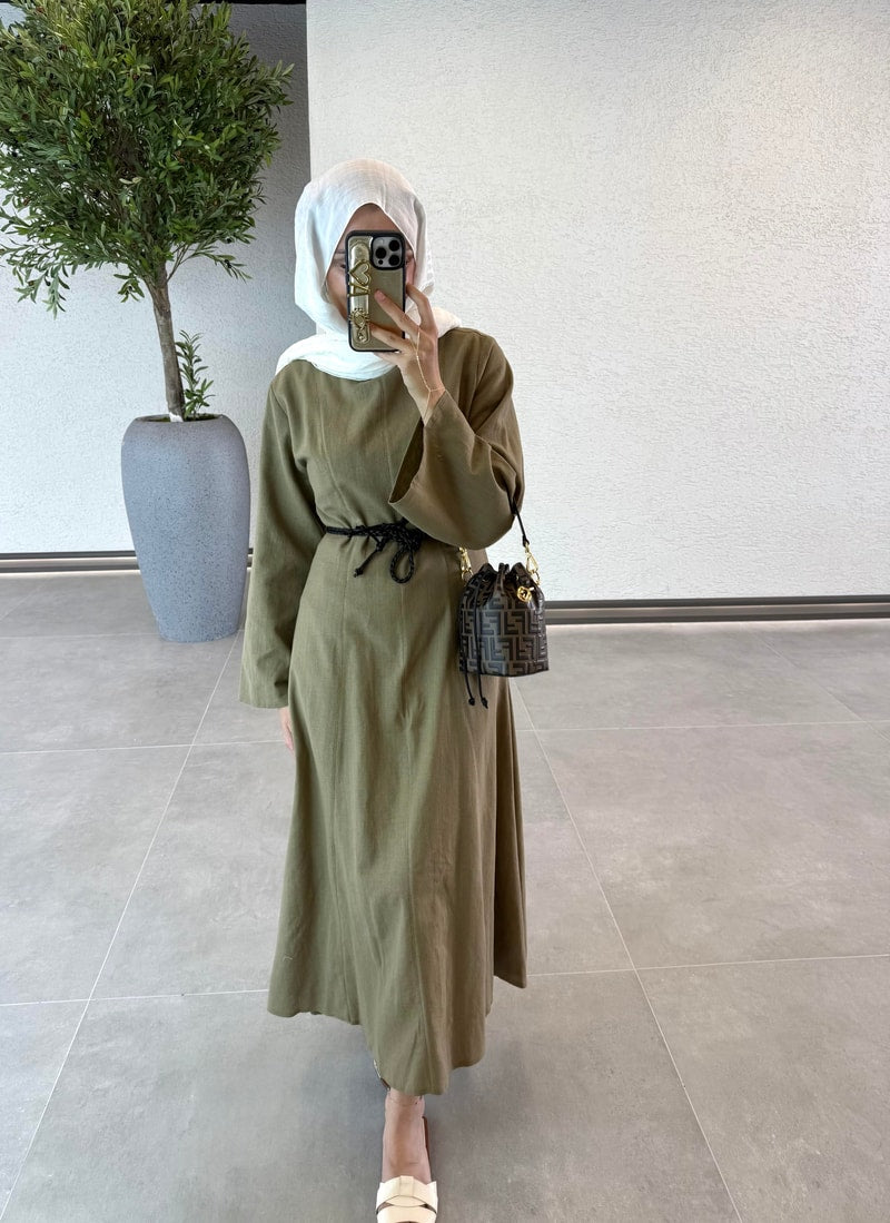 Woven Belt Linen Dress - Khaki Size 38