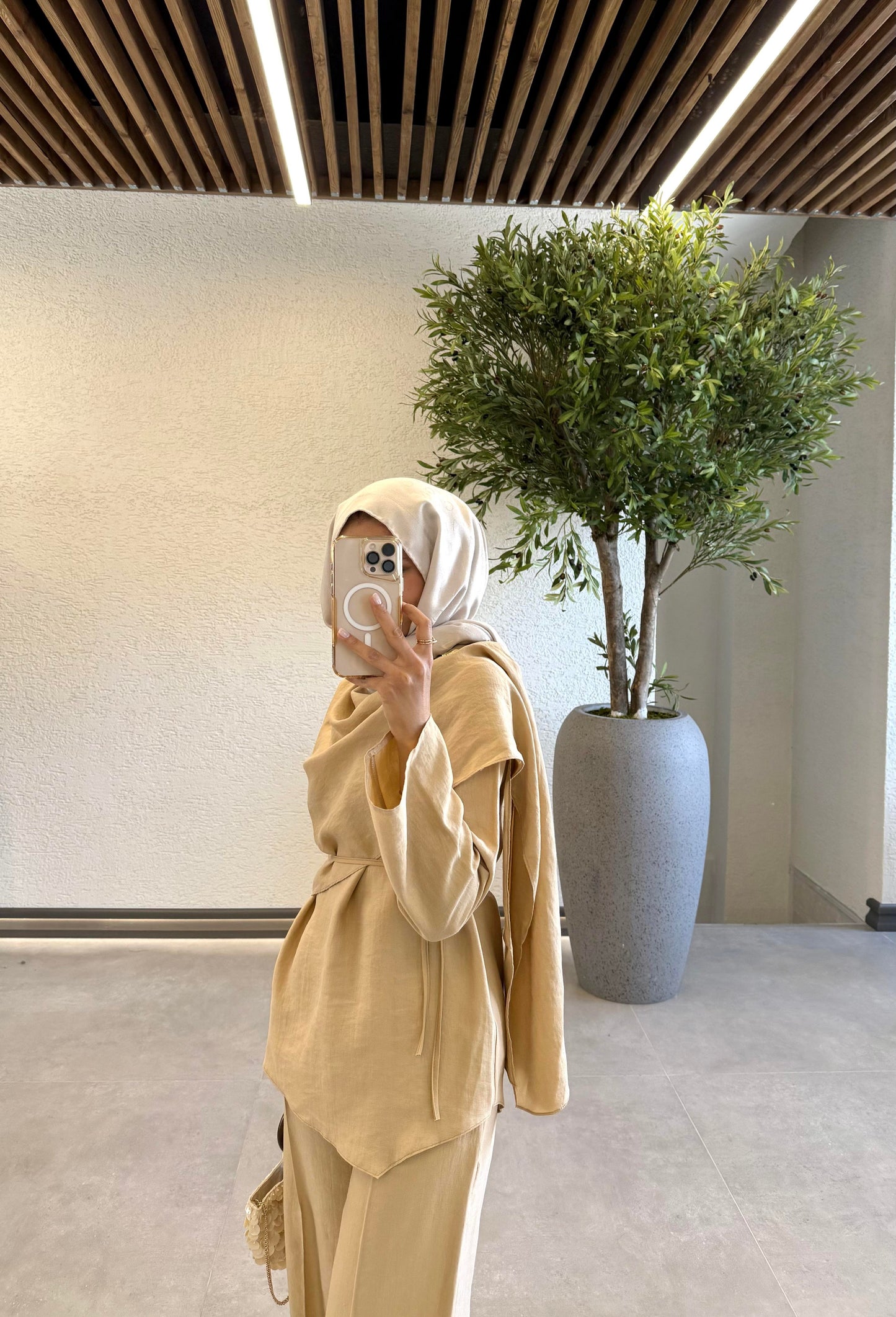 Beige Tencel Set with Brooch Detail