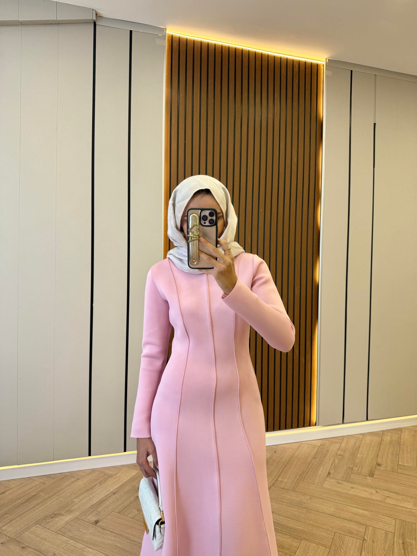 Puff-Detail Scuba Fabric Dress – Pink