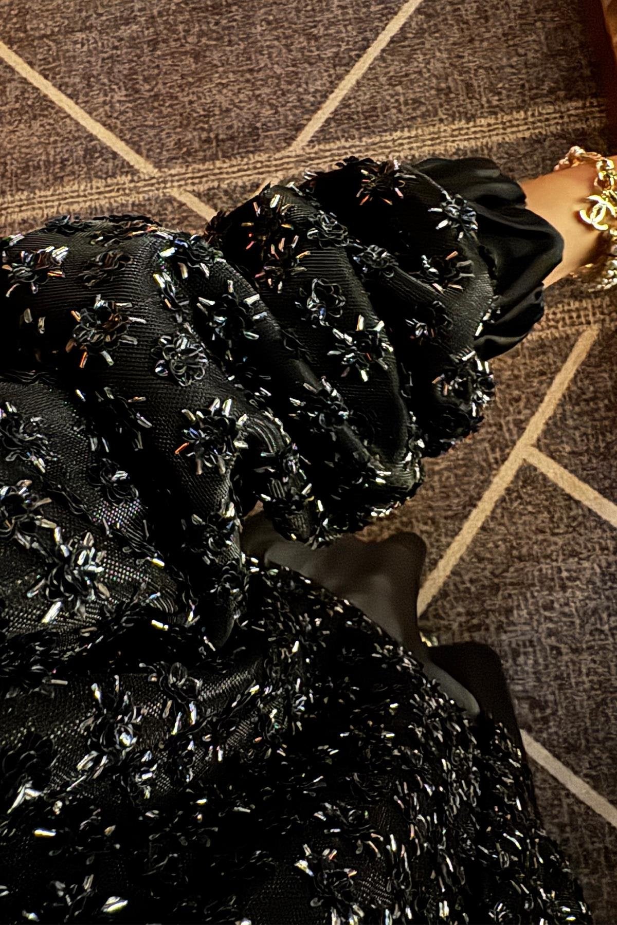Black Satin Jacket with Sequins