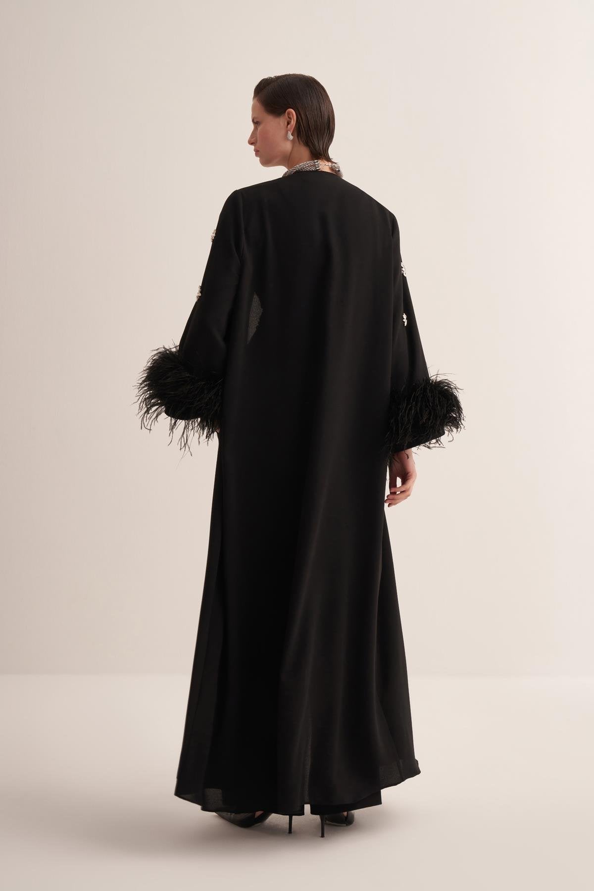Black Abaya with Crystal Embroidery and Feathered Sleeves
