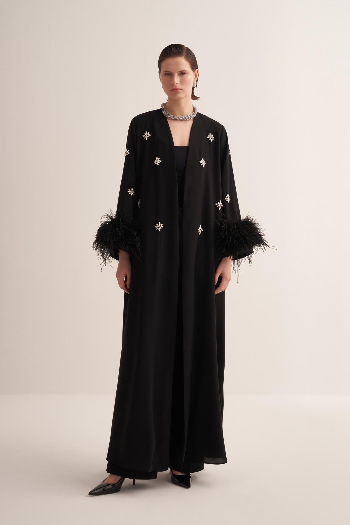 Black Abaya with Crystal Embroidery and Feathered Sleeves