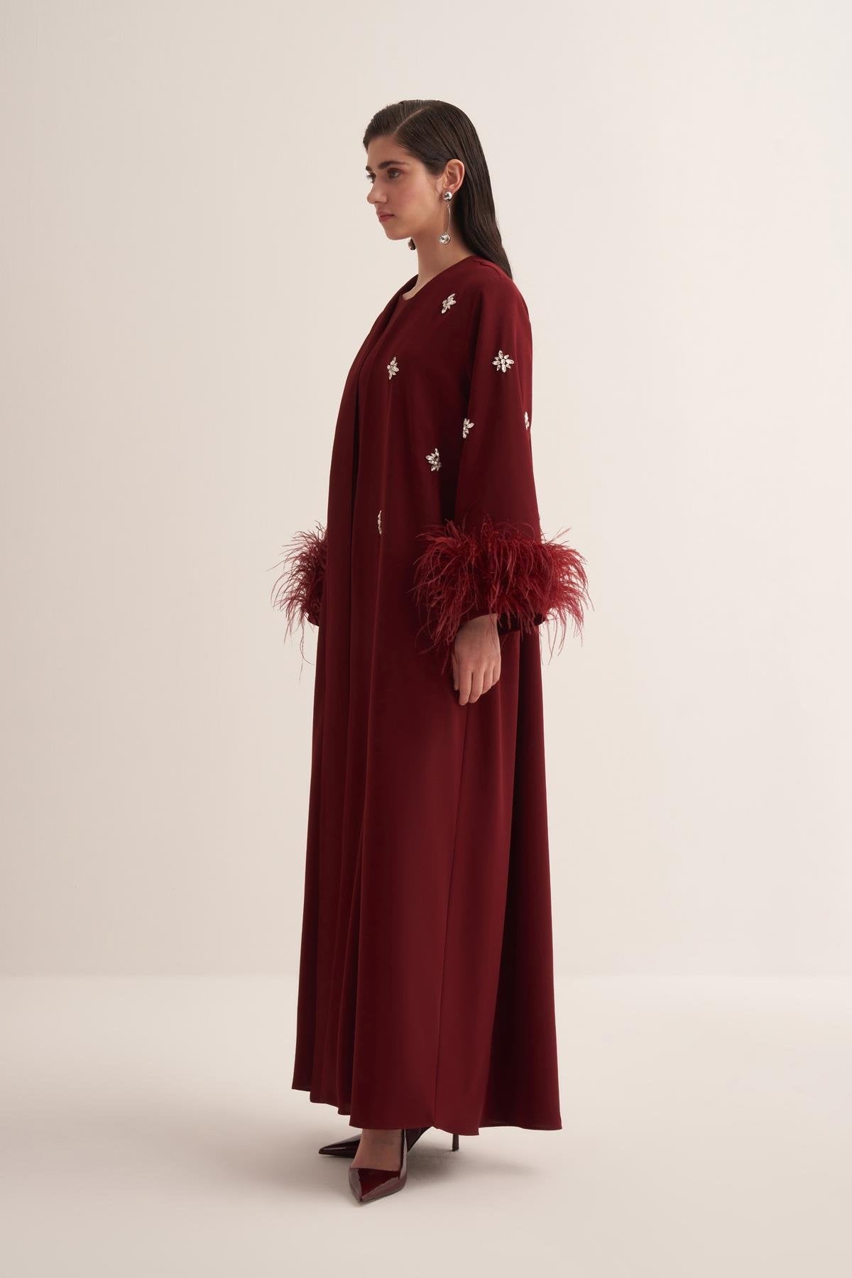 Burgundy Abaya with Crystal Embroidery and Feathered Sleeves