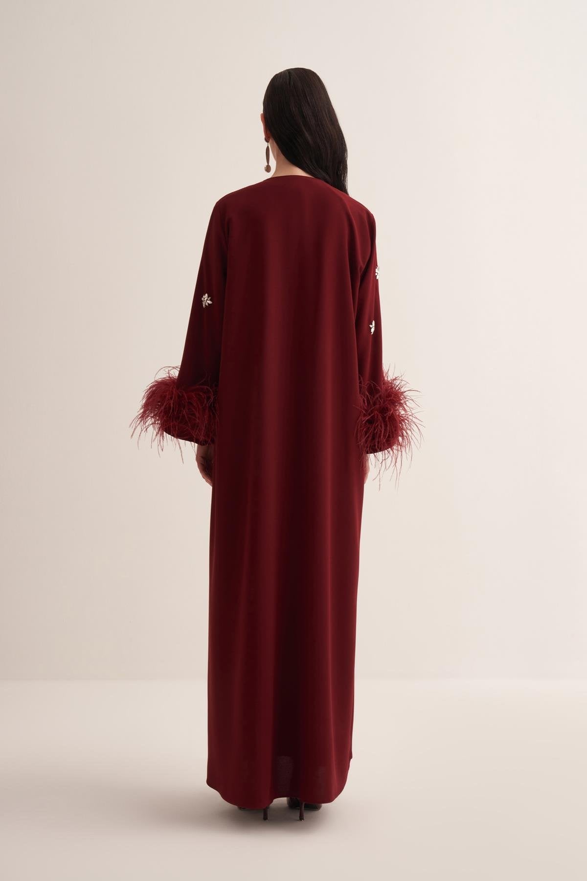 Burgundy Abaya with Crystal Embroidery and Feathered Sleeves