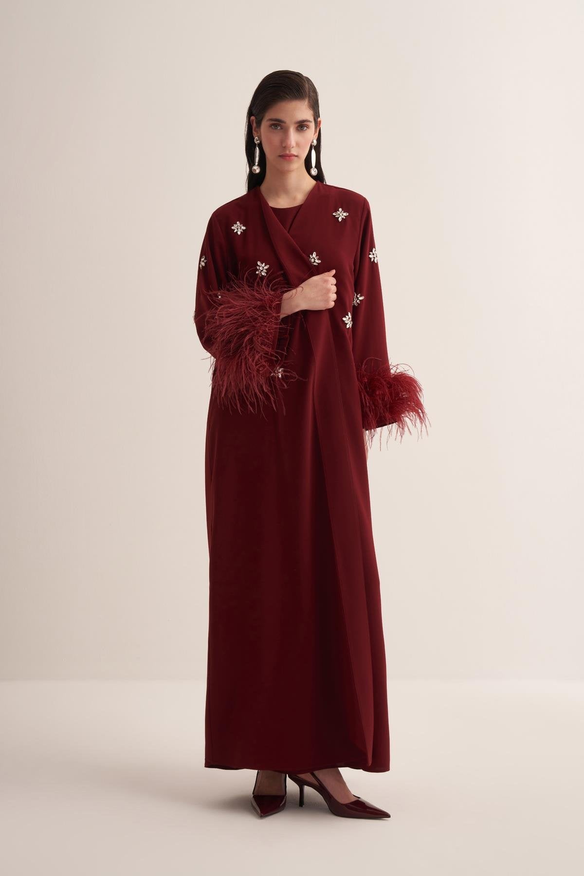 Burgundy Abaya with Crystal Embroidery and Feathered Sleeves