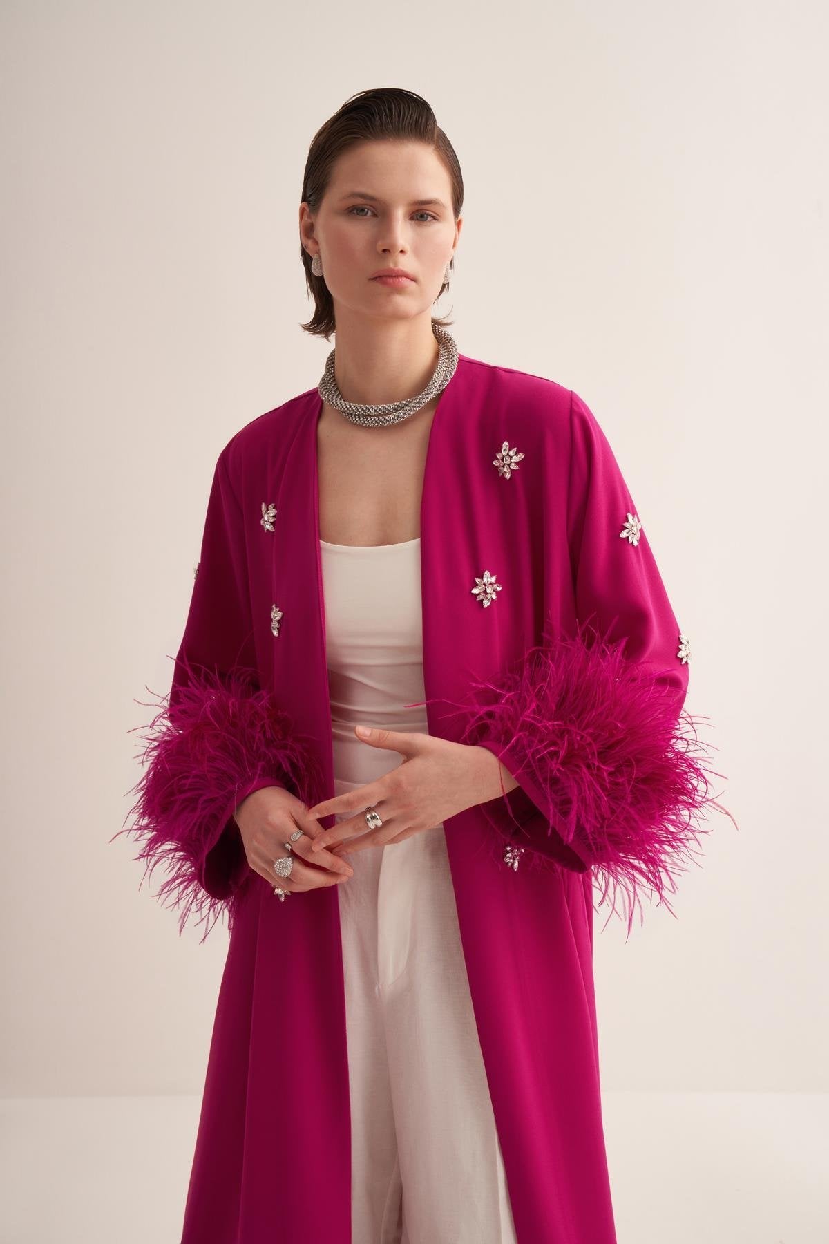 Fuchsia Abaya with Crystal Embroidery and Feathered Sleeves