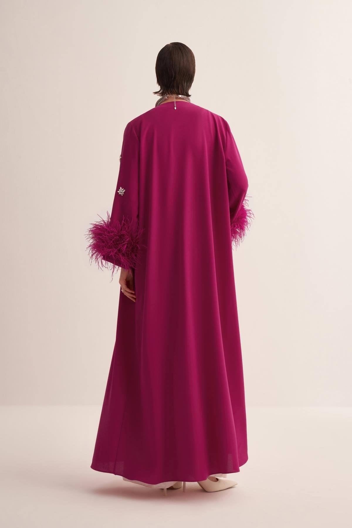 Fuchsia Abaya with Crystal Embroidery and Feathered Sleeves