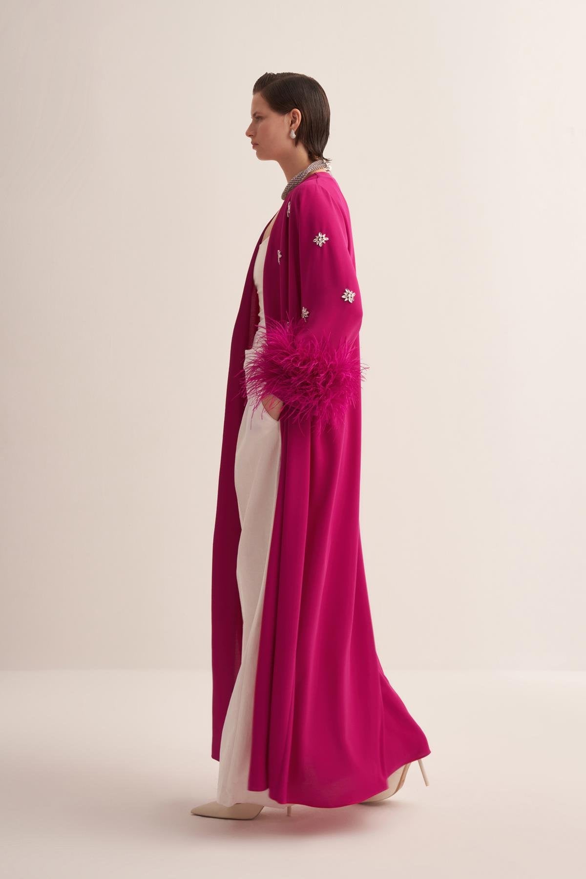 Fuchsia Abaya with Crystal Embroidery and Feathered Sleeves