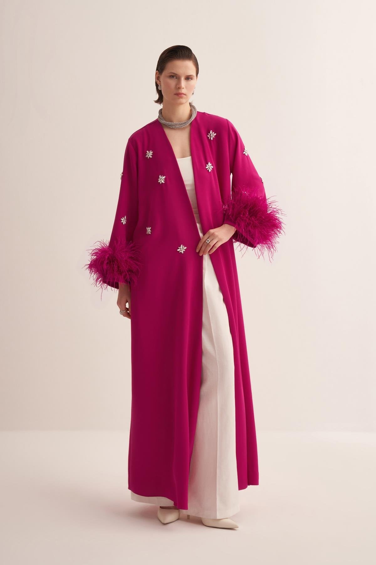 Fuchsia Abaya with Crystal Embroidery and Feathered Sleeves