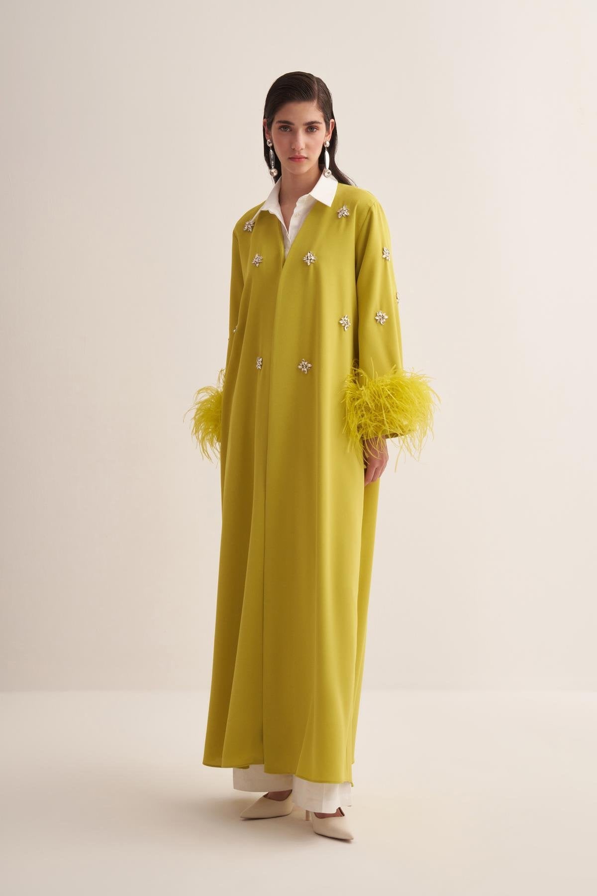 Lime Green Abaya with Crystal Embroidery and Feathered Sleeves