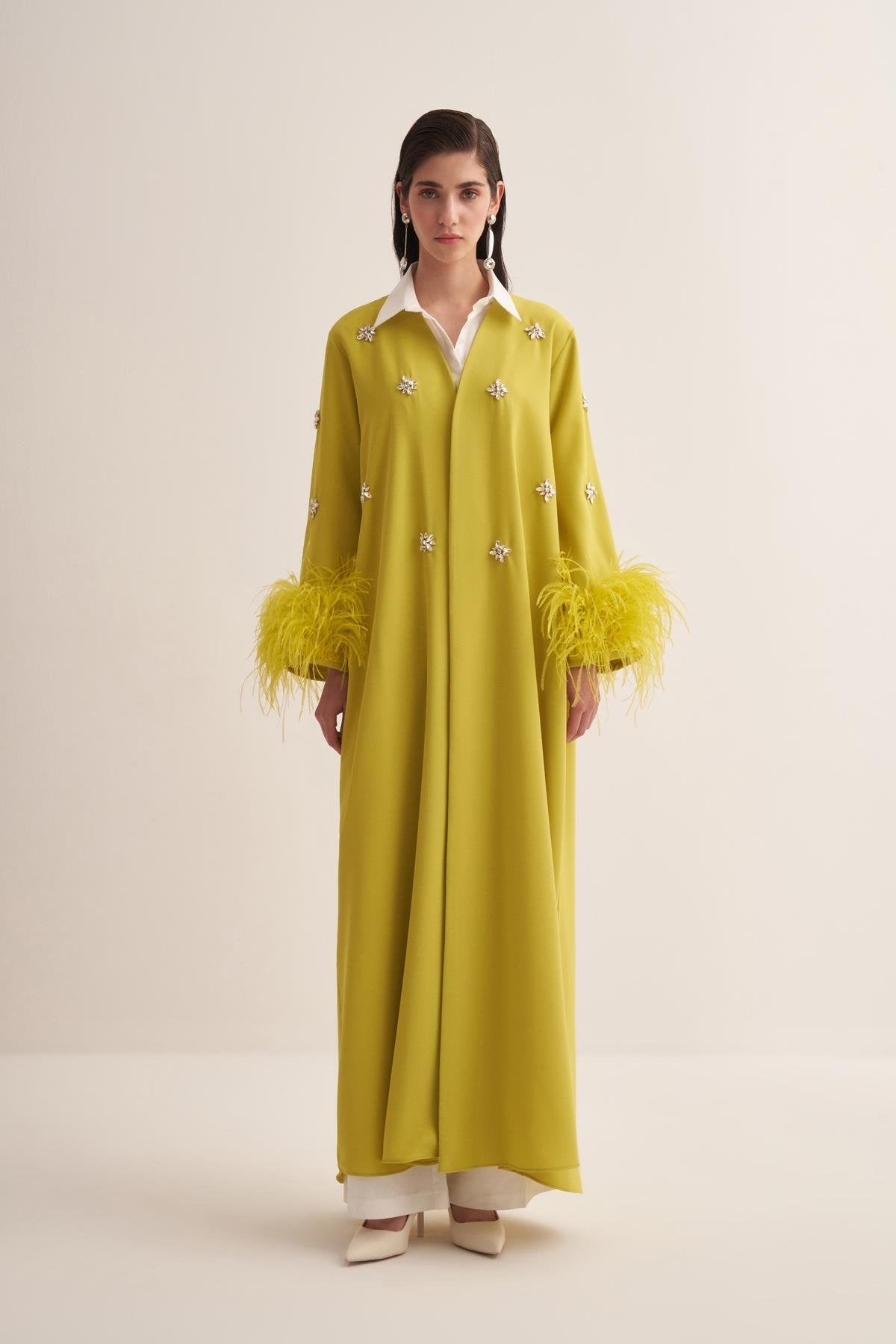Lime Green Abaya with Crystal Embroidery and Feathered Sleeves