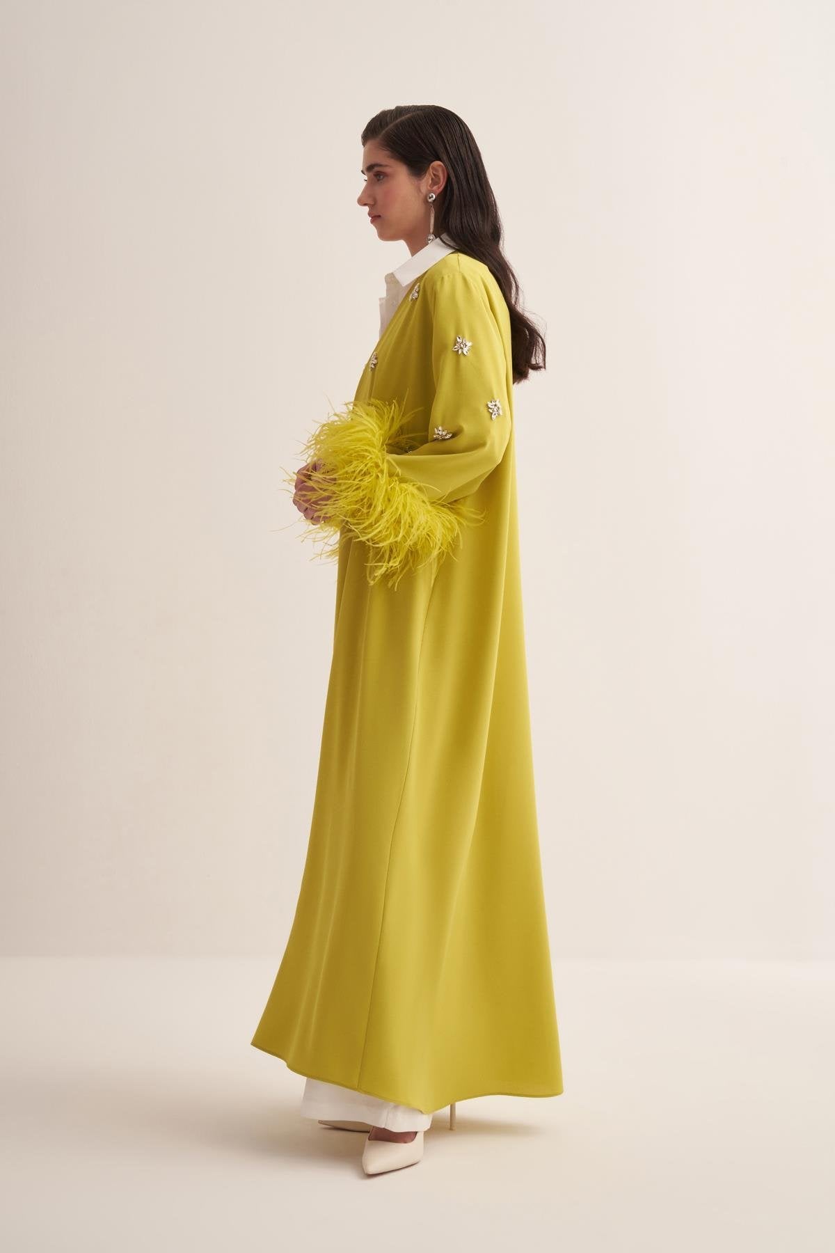 Lime Green Abaya with Crystal Embroidery and Feathered Sleeves