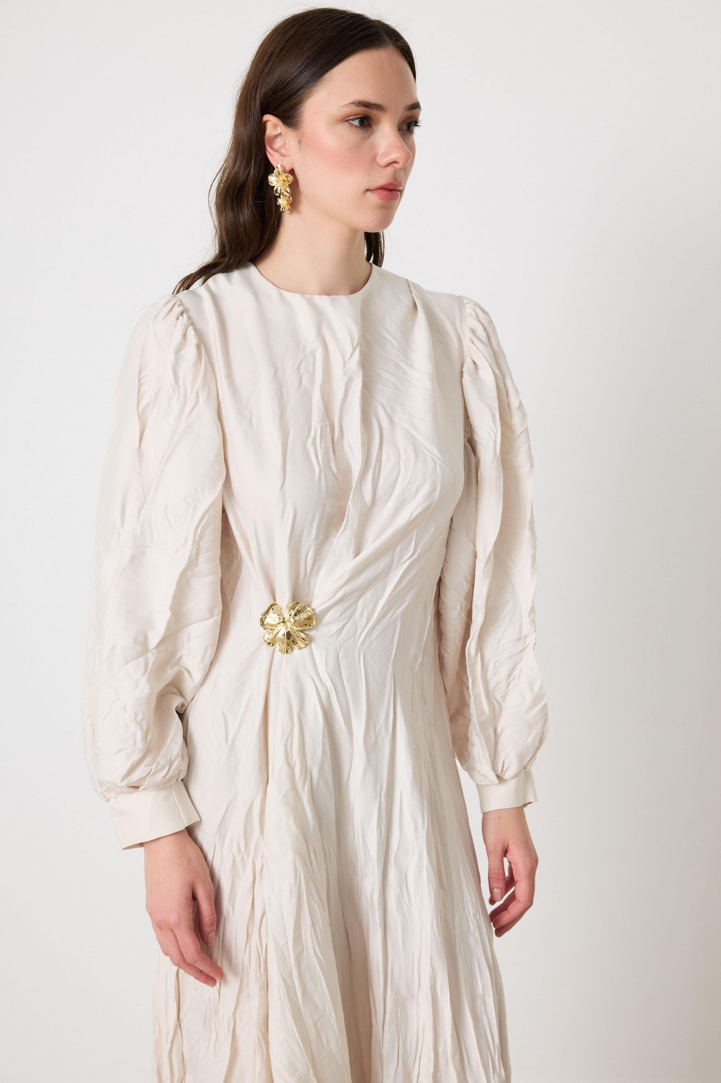 Crinkled Silk Satin Dress with Brooch in Ecru