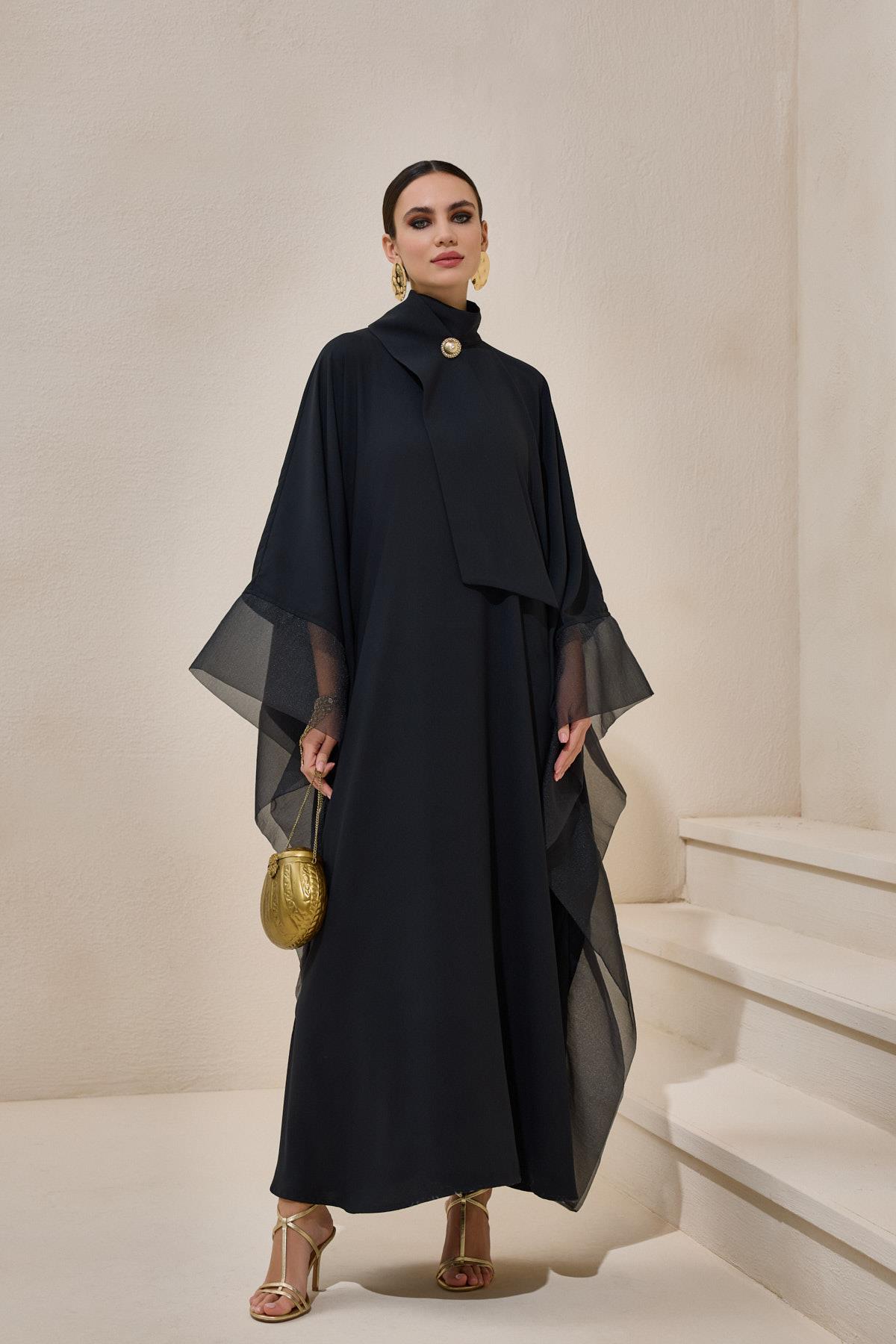 Black Organza Detailed Kaftan Dress - sonafey