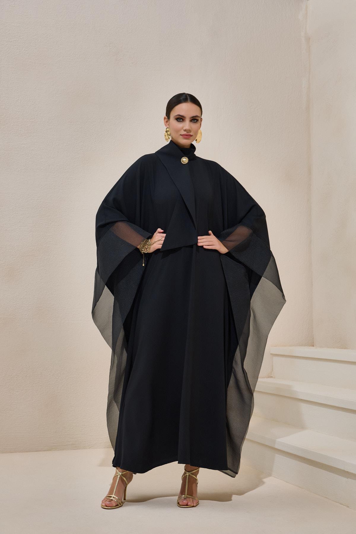 Black Organza Detailed Kaftan Dress - sonafey