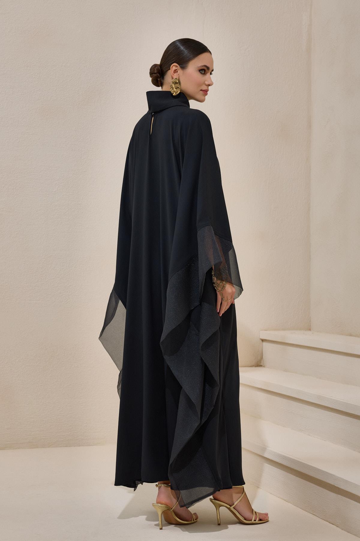 Black Organza Detailed Kaftan Dress - sonafey