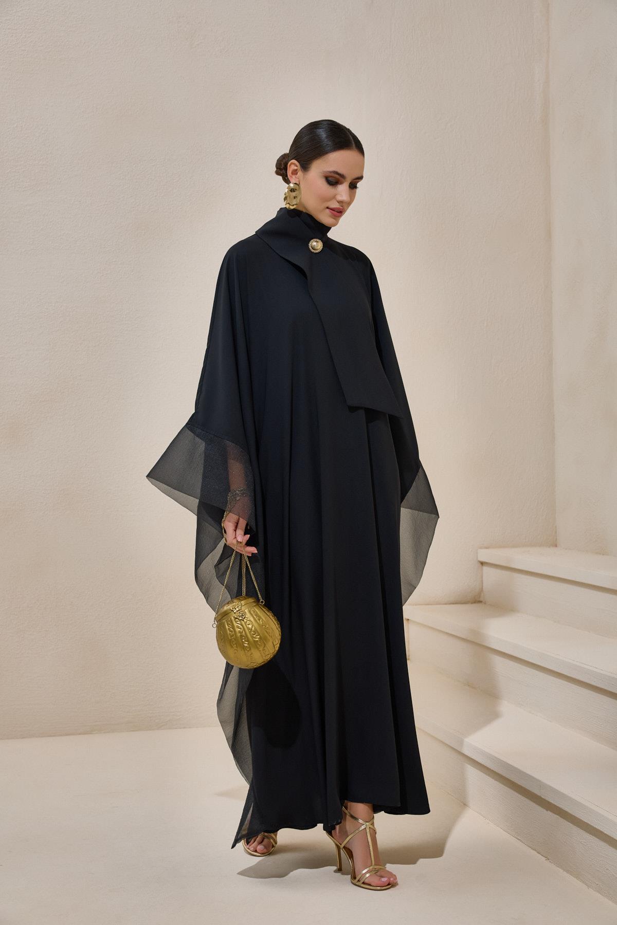 Black Organza Detailed Kaftan Dress - sonafey
