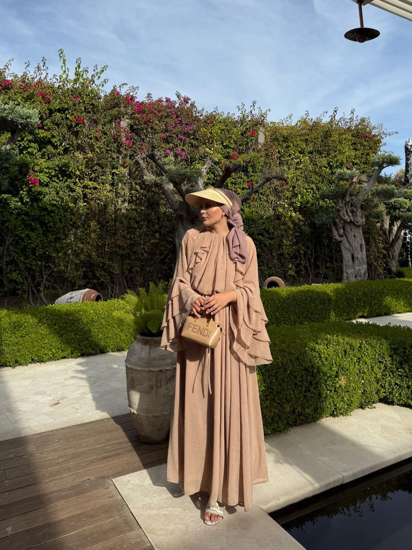 Farah Beige Chiffon Dress with Ruffle Details