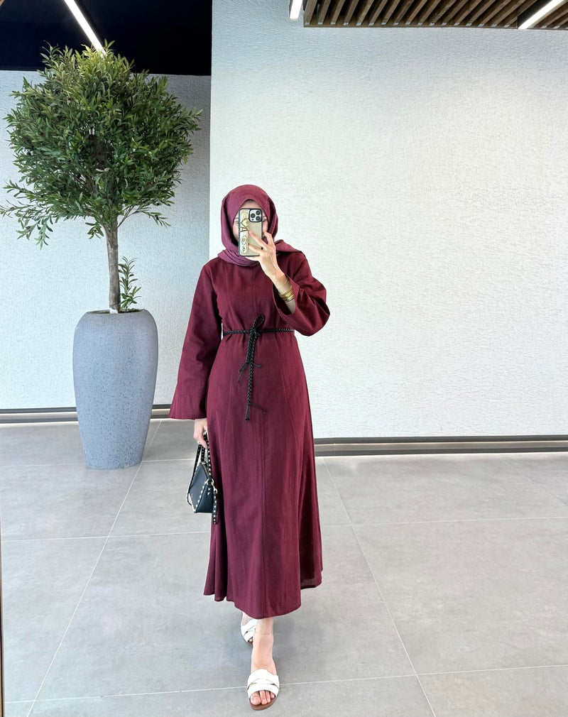 Woven Belt Linen Dress - Burgundy Size 40
