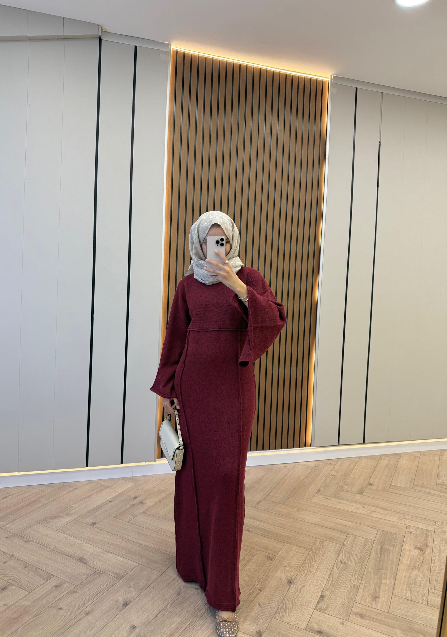 Striped-Detail Knit Dress – Burgundy