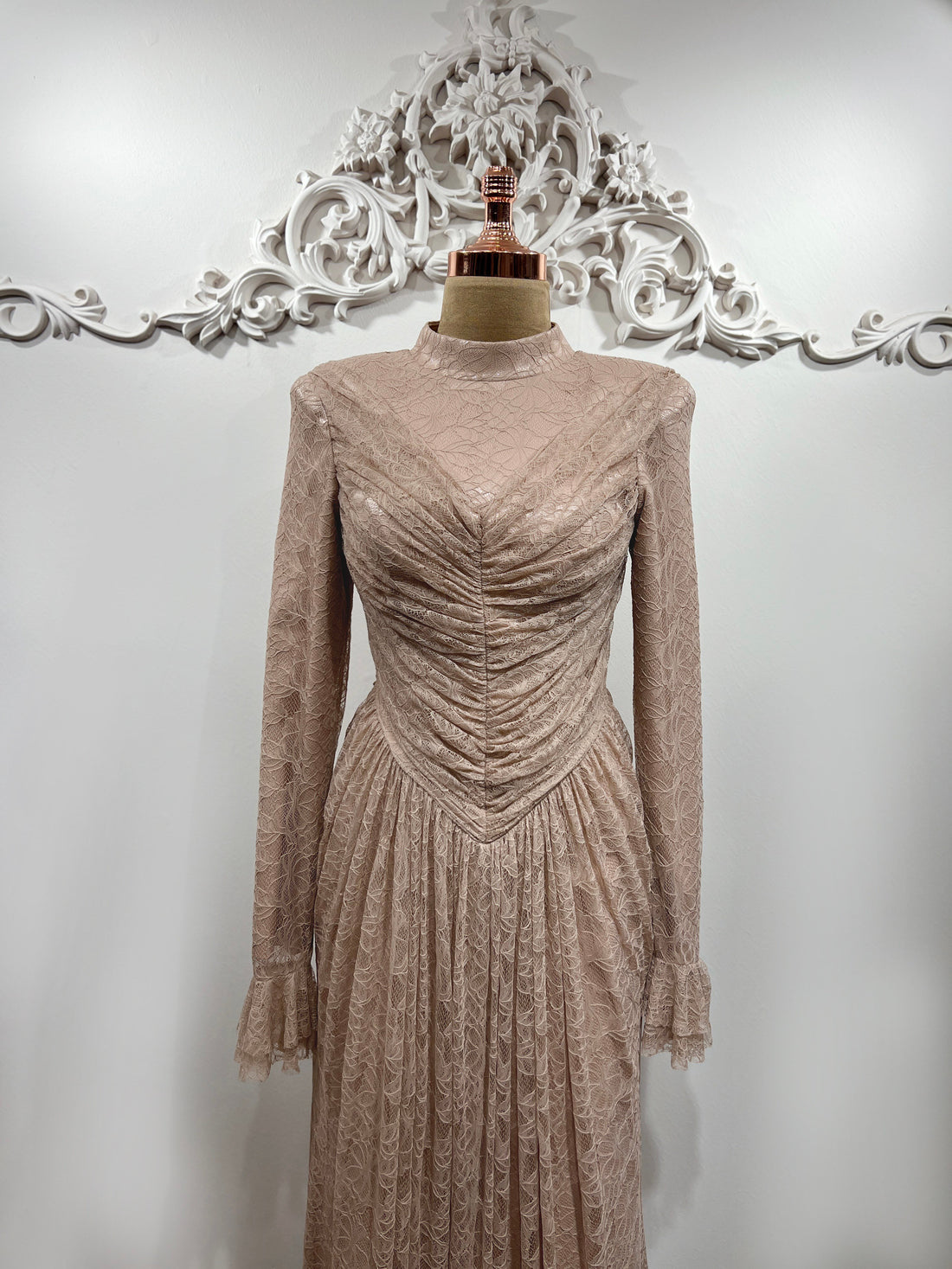 Carmen Ruched Lace Modest Evening Gown- Beige