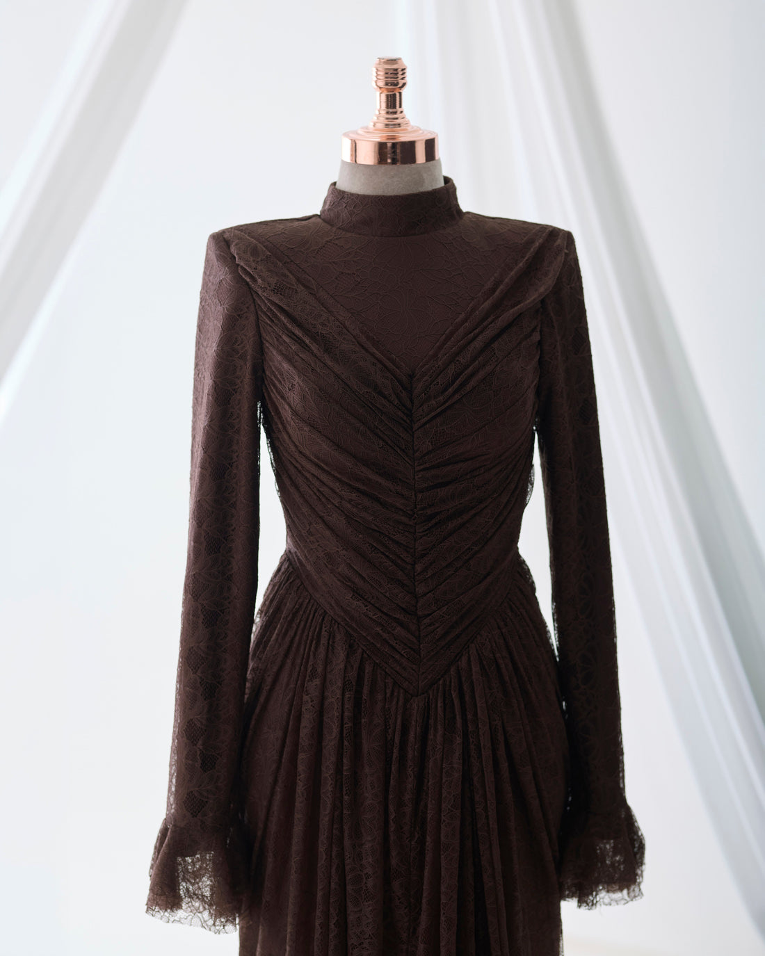 Carmen Ruched Lace Modest Evening Gown- Brown