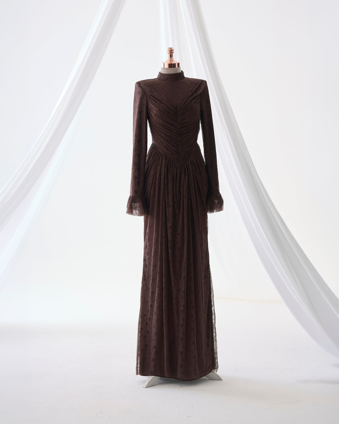 Carmen Ruched Lace Modest Evening Gown- Brown