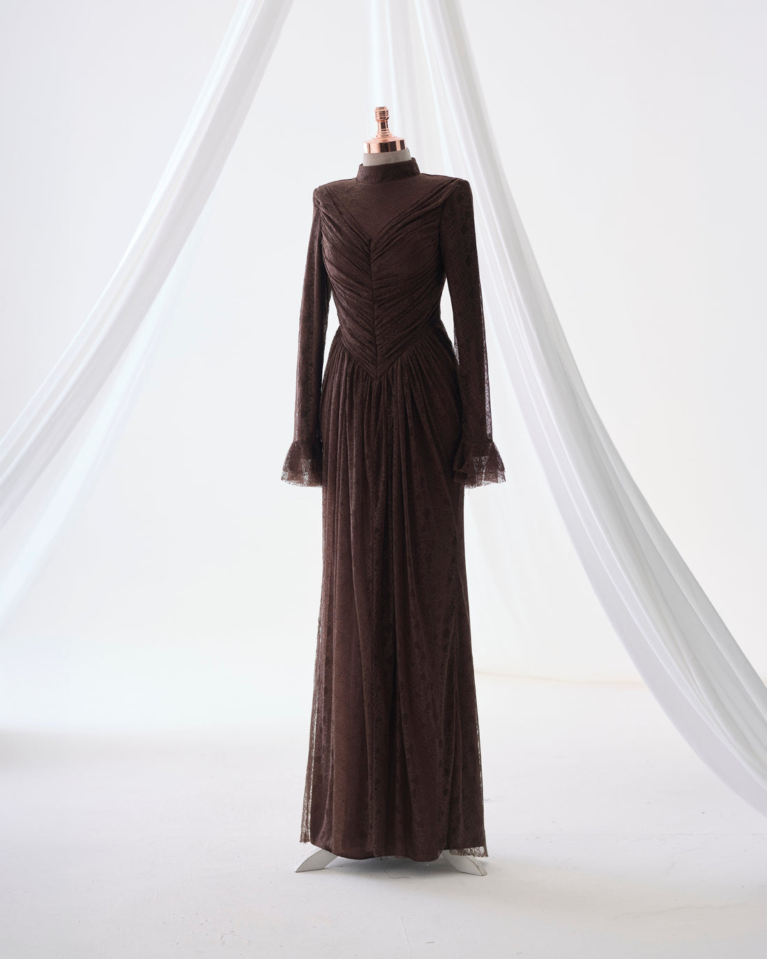 Carmen Ruched Lace Modest Evening Gown- Brown