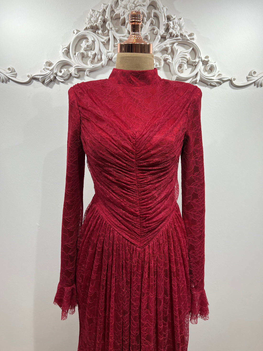 Carmen Ruched Lace Modest Evening Gown- Red
