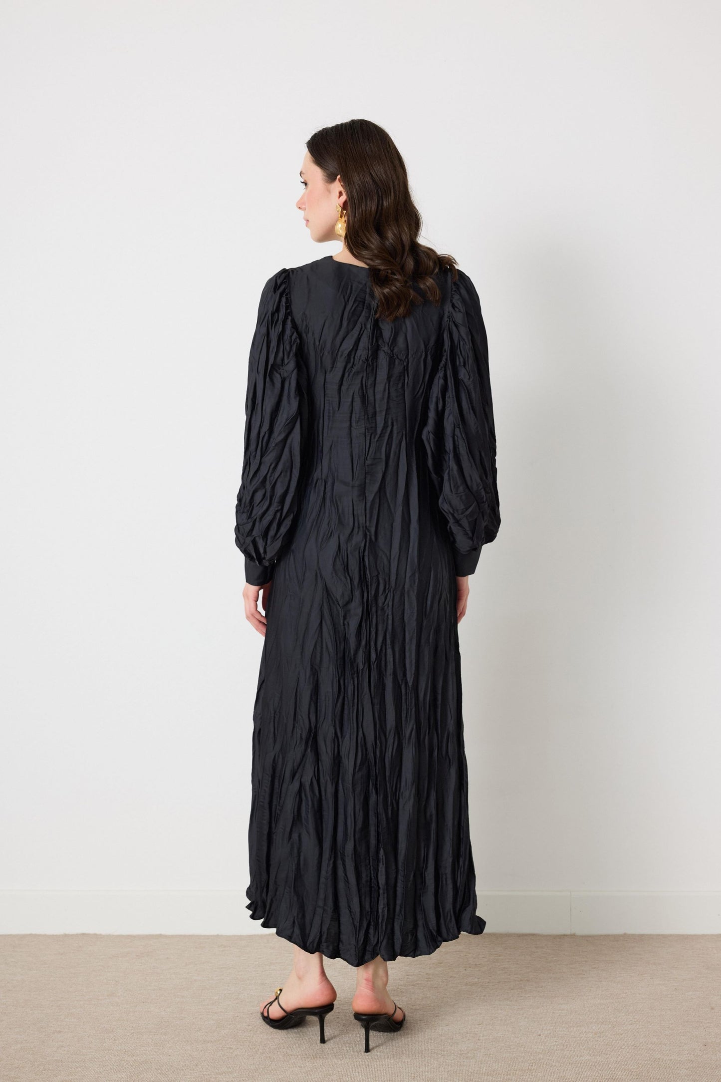 Crinkled Silk Satin Dress with Brooch in Charcoal