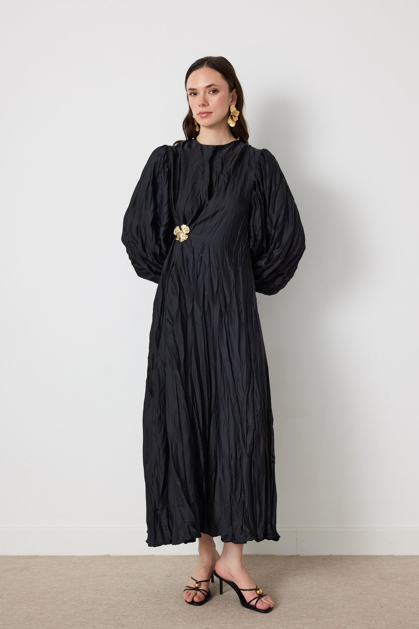 Crinkled Silk Satin Dress with Brooch in Charcoal