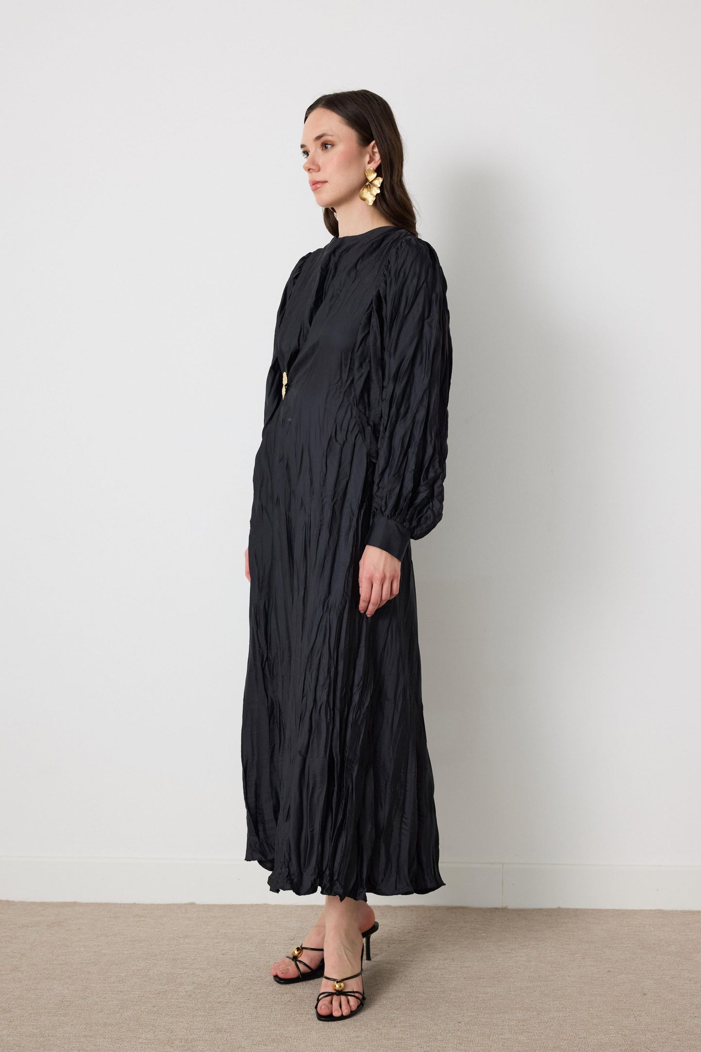 Crinkled Silk Satin Dress with Brooch in Charcoal