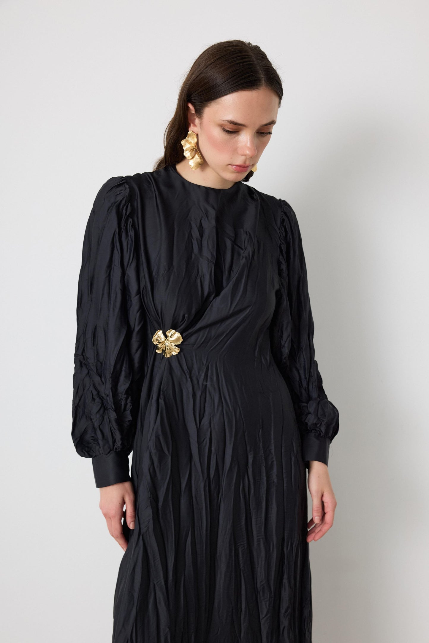 Crinkled Silk Satin Dress with Brooch in Charcoal