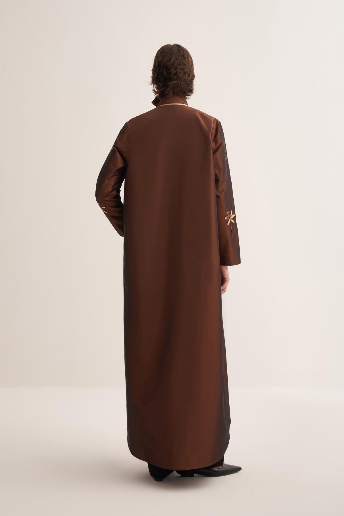 Brown Taffeta Abaya with Hand-Embroidered Palm Details - sonafey