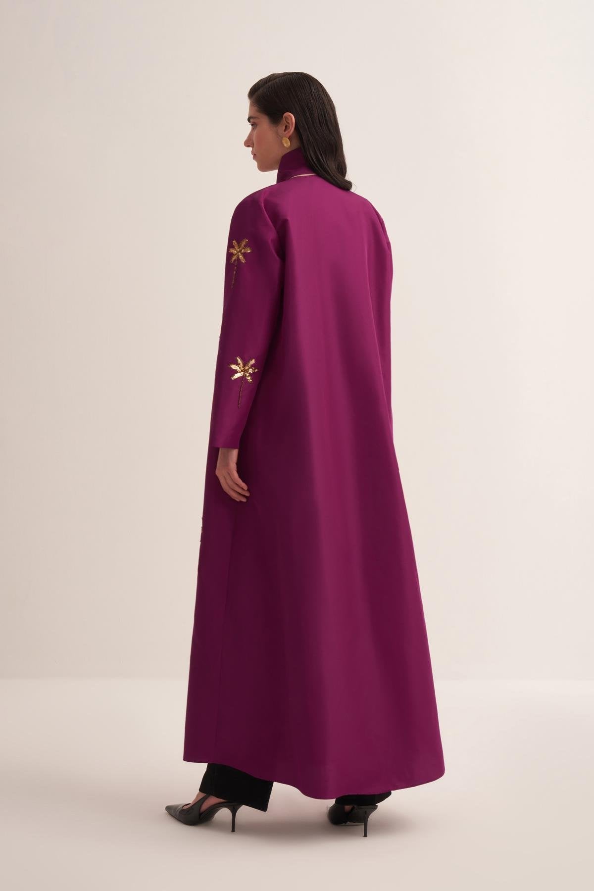 Fuschia Taffeta Abaya with Hand-Embroidered Palm Details - sonafey