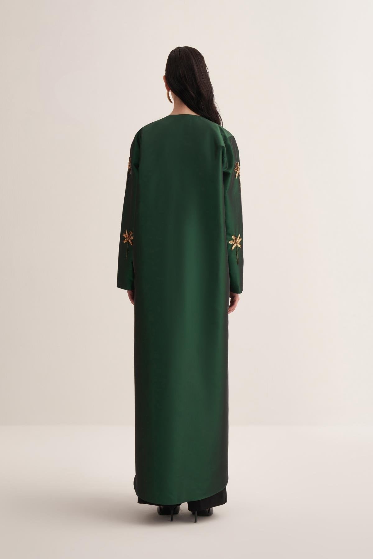 Emerald Green Taffeta Abaya with Hand-Embroidered Palm Details - sonafey