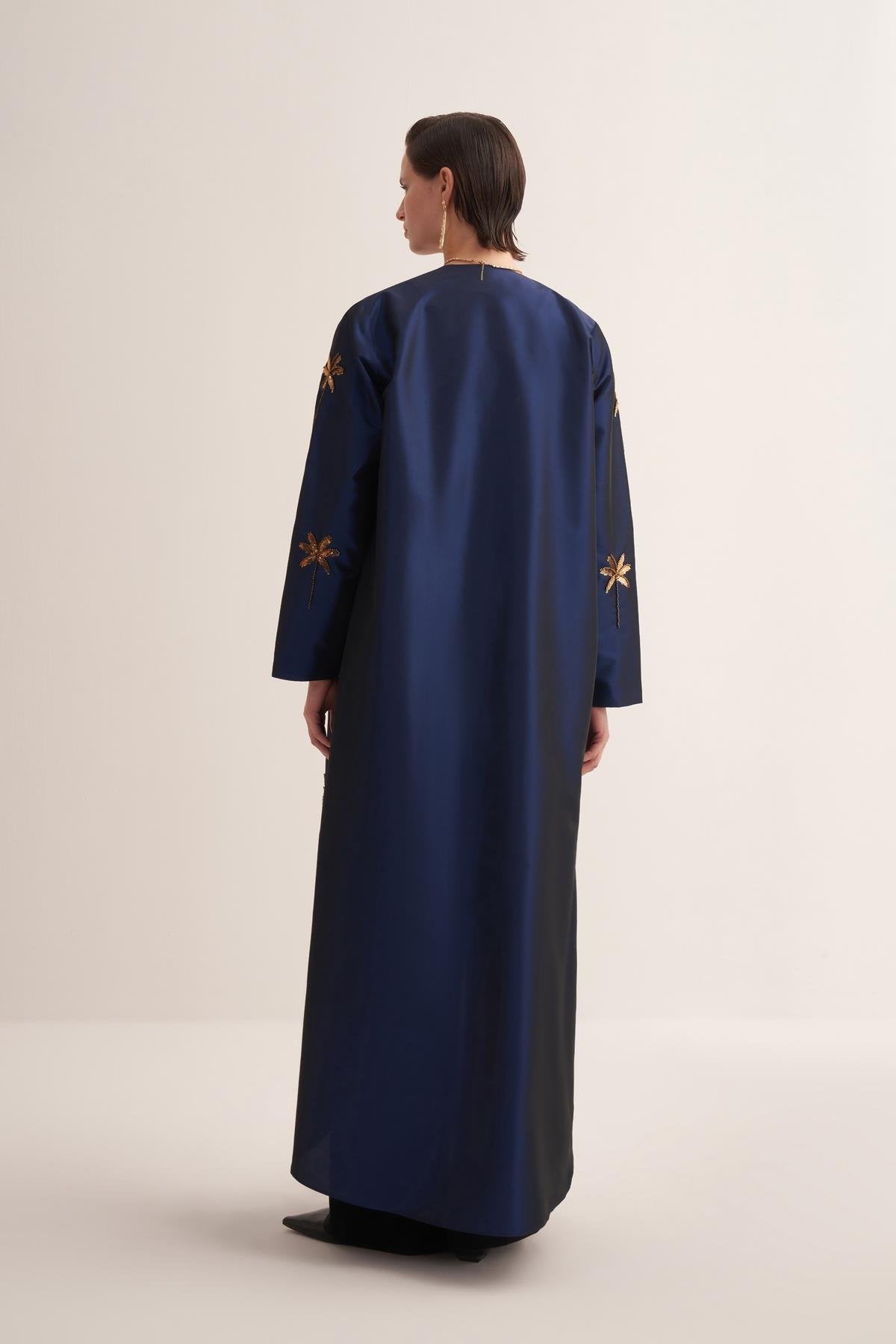 Navy Blue Taffeta Abaya with Hand-Embroidered Palm Details - sonafey