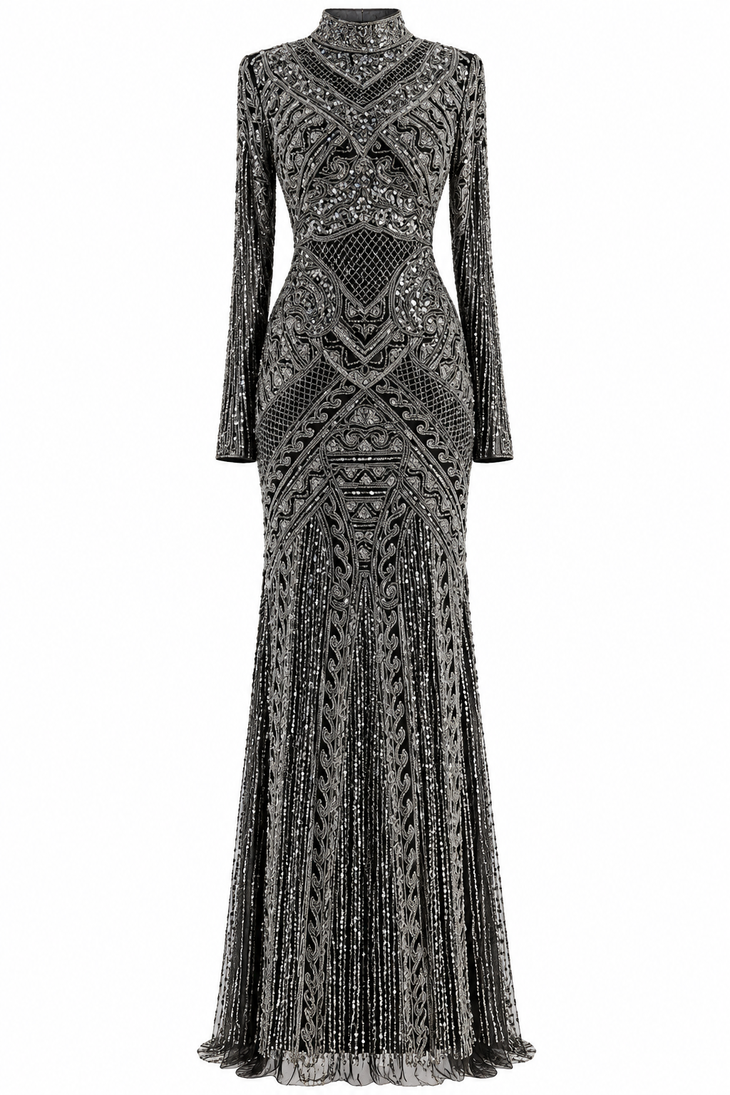 Couture Almas Modest Evening Dress - Black Silver