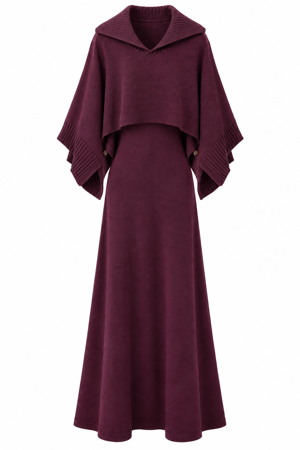 Plum two-piece knit dress and poncho set front