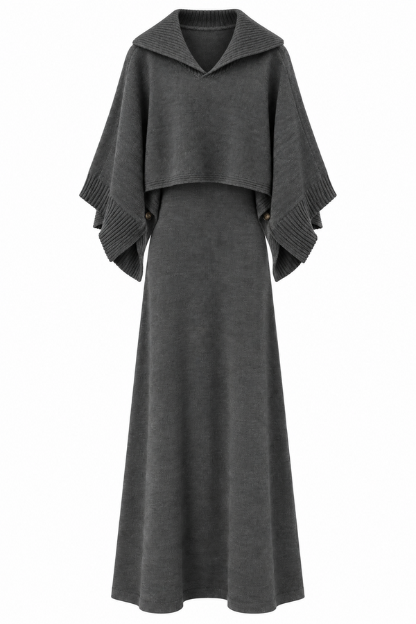 Anthracite knit maxi dress and poncho set product front