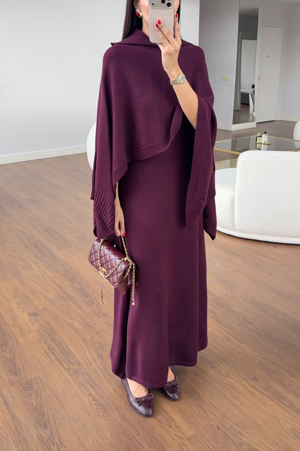 Plum knit maxi dress and poncho set styled on model, full length
