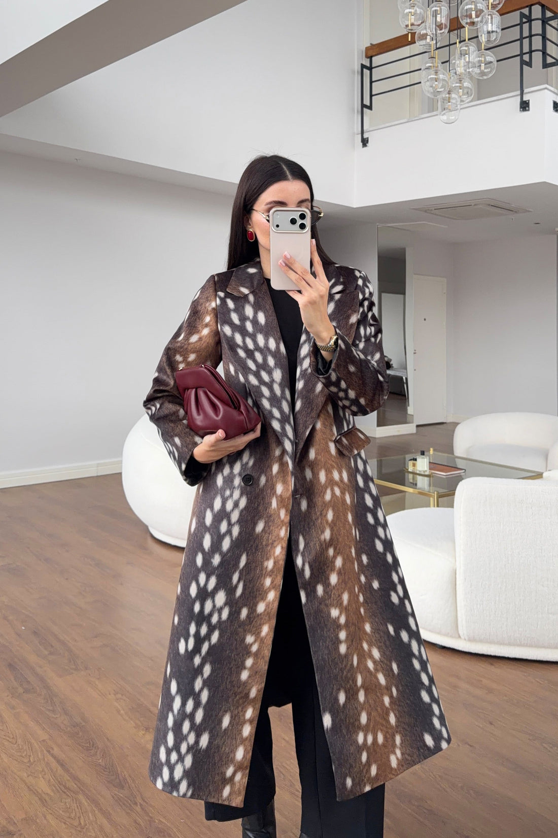 Bambi print long coat model front